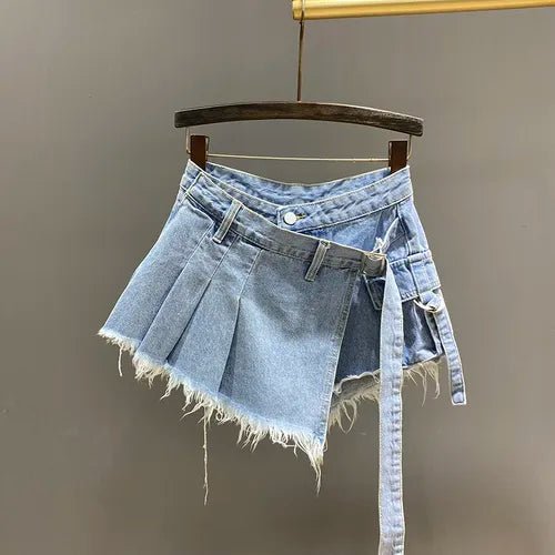 best Irregular Pink Denim Skirt Women's Summer High Waist Slimming False Two-Piece A- Line Workwear Short Mini Skirts 2023 shop online at M2K Trends for