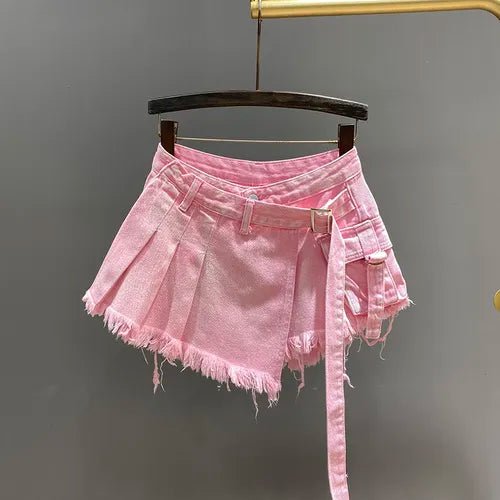 best Irregular Pink Denim Skirt Women's Summer High Waist Slimming False Two-Piece A- Line Workwear Short Mini Skirts 2023 shop online at M2K Trends for