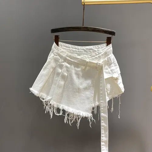 best Irregular Pink Denim Skirt Women's Summer High Waist Slimming False Two-Piece A- Line Workwear Short Mini Skirts 2023 shop online at M2K Trends for