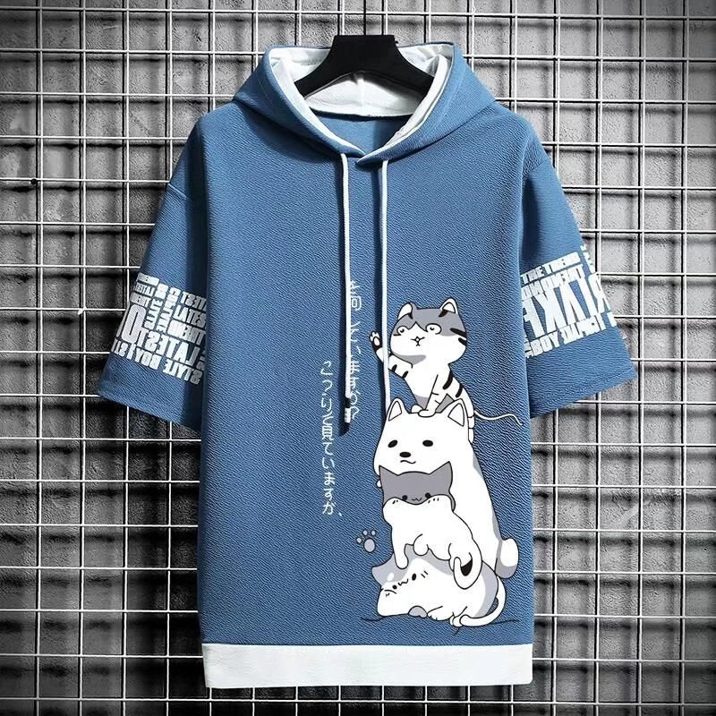 best Japan Fashion Men's Hoodies Summer Men Clothing Cartoon Short Sleeve Sweatshirts Men Casual Harajuku Streetwear Print Hooded Top 0 shop online at M2K Trends for