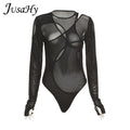 best JuSaHy Mesh See Through Women's Bodysuit Soild Fashion Asymmetric Neck Long Sleeves Sexy Party Clubwear Female Summer Rompers 0 shop online at M2K Trends for
