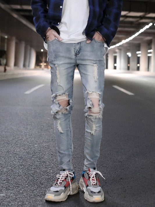 best Knee damage ripped blue washed distressed men's jeans 0 shop online at M2K Trends for