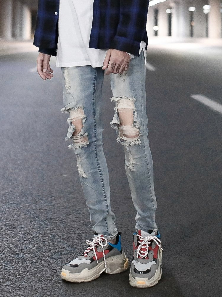 best Knee damage ripped blue washed distressed men's jeans 0 shop online at M2K Trends for