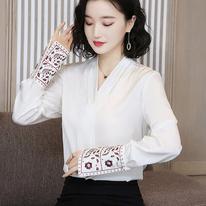 best Korean Silk Women Shirts Women Satin Blouse Shirt Elegant Woman Long Sleeve Embroidery Blouses Green Womens Tops and Blouses 0 shop online at M2K Trends for