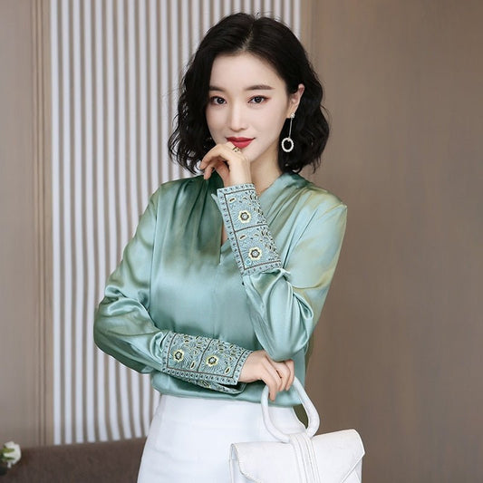 best Korean Silk Women Shirts Women Satin Blouse Shirt Elegant Woman Long Sleeve Embroidery Blouses Green Womens Tops and Blouses 0 shop online at M2K Trends for