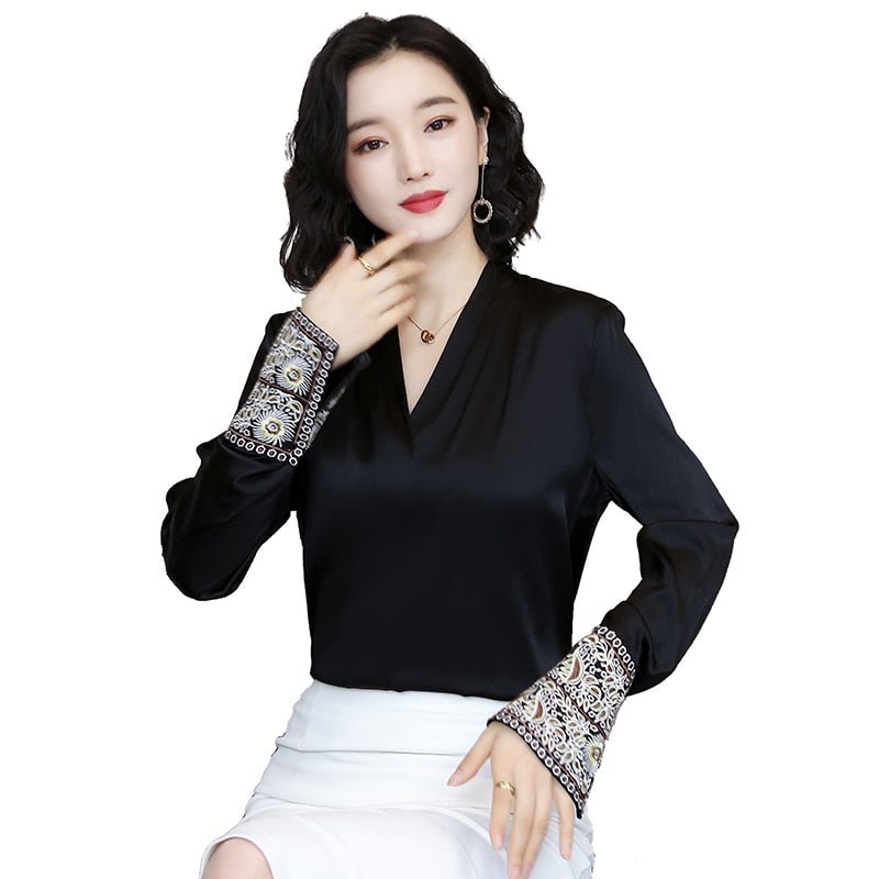 best Korean Silk Women Shirts Women Satin Blouse Shirt Elegant Woman Long Sleeve Embroidery Blouses Green Womens Tops and Blouses 0 shop online at M2K Trends for