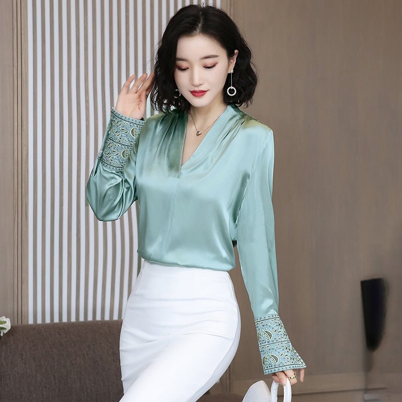 best Korean Silk Women Shirts Women Satin Blouse Shirt Elegant Woman Long Sleeve Embroidery Blouses Green Womens Tops and Blouses 0 shop online at M2K Trends for