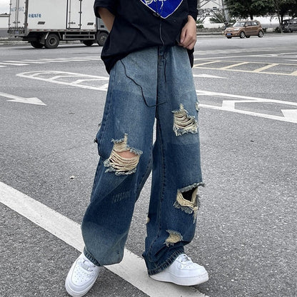 best Korean version of ins hip-hop high street hipsters distressed old ripped straight jeans men casual wild loose wide-leg trousers 0 shop online at M2K Trends for