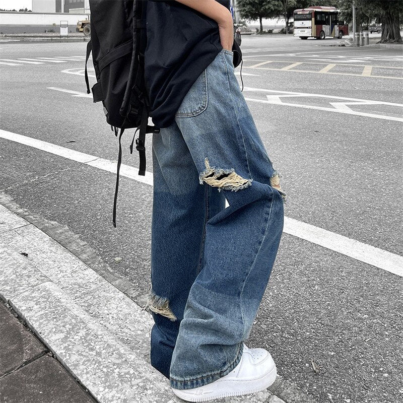 best Korean version of ins hip-hop high street hipsters distressed old ripped straight jeans men casual wild loose wide-leg trousers 0 shop online at M2K Trends for