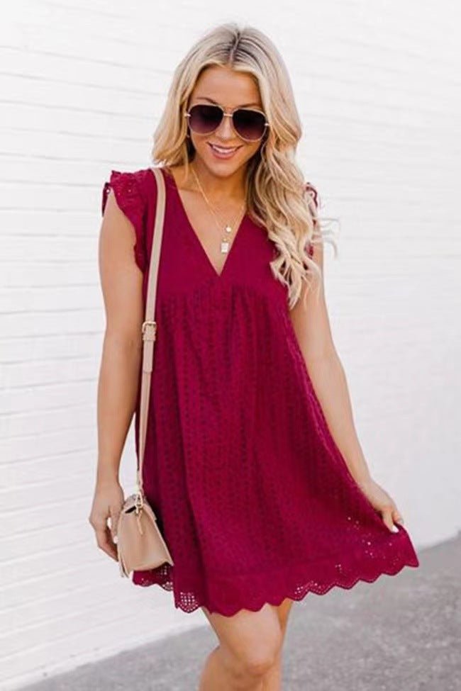 best Lace Dresses With Pocket Summer Sleeveless Jacquard Cutout V-Neck Beach Dress Lace Dresses With Pocket shop online at M2K Trends for Lace Dresses With Pocket