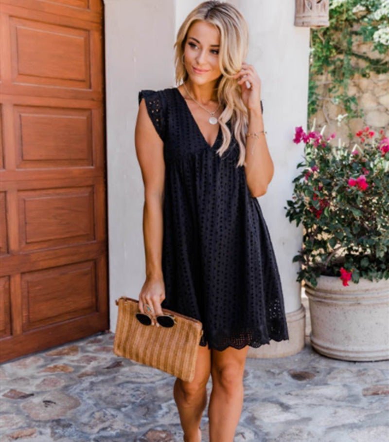 best Lace Dresses With Pocket Summer Sleeveless Jacquard Cutout V-Neck Beach Dress Lace Dresses With Pocket shop online at M2K Trends for Lace Dresses With Pocket