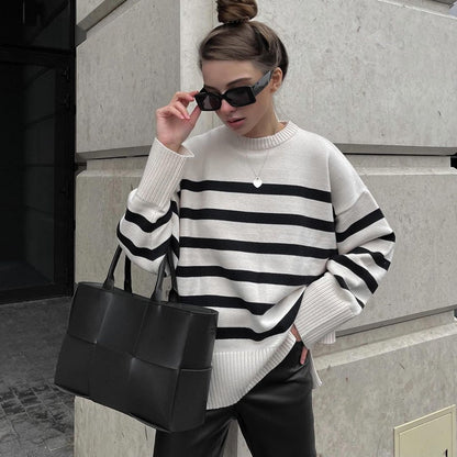 best Ladies Autumn Winter Striped Knitted Loose Sweater Women Pullover Tops Long Sleeve O Neck Casual Streetwear Women Sweater Female Hoodie Sweatshirts shop online at M2K Trends for Ladies Autumn Winter Striped Knitted Loose Sweater Women Pullover Tops Long Sleeve O Neck Casual Streetwear Women Sweater Female