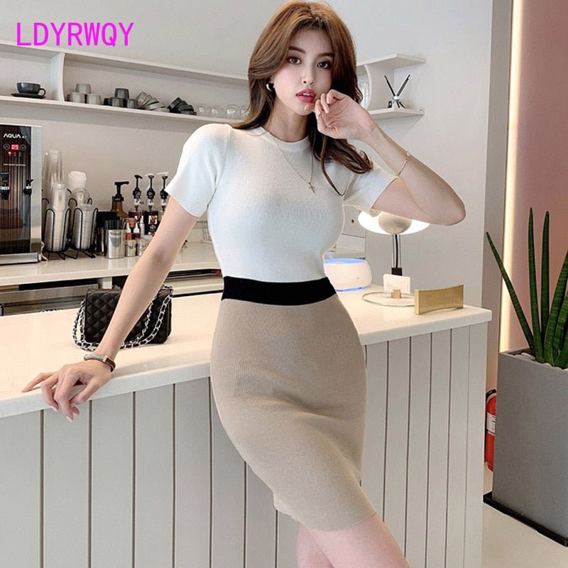 best LDYRWQY Women's new color matching dress slim slimming elastic short-sleeved knitted bag hip bottoming 0 shop online at M2K Trends for