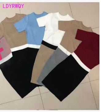 best LDYRWQY Women's new color matching dress slim slimming elastic short-sleeved knitted bag hip bottoming 0 shop online at M2K Trends for
