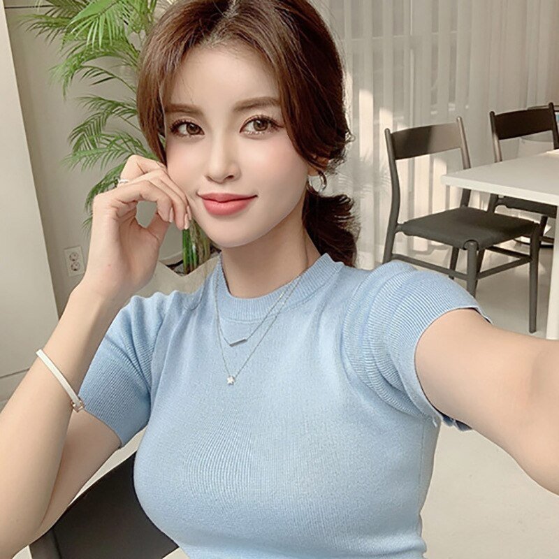 best LDYRWQY Women's new color matching dress slim slimming elastic short-sleeved knitted bag hip bottoming 0 shop online at M2K Trends for