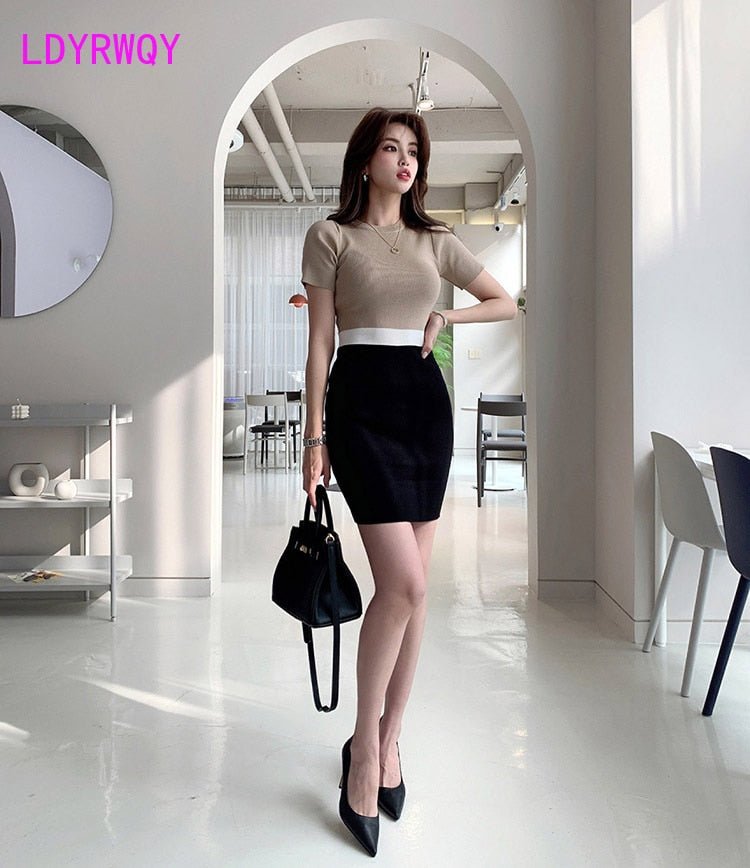 best LDYRWQY Women's new color matching dress slim slimming elastic short-sleeved knitted bag hip bottoming 0 shop online at M2K Trends for