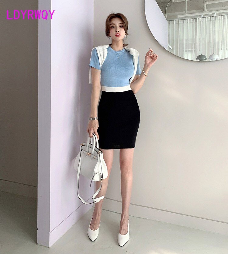 best LDYRWQY Women's new color matching dress slim slimming elastic short-sleeved knitted bag hip bottoming 0 shop online at M2K Trends for