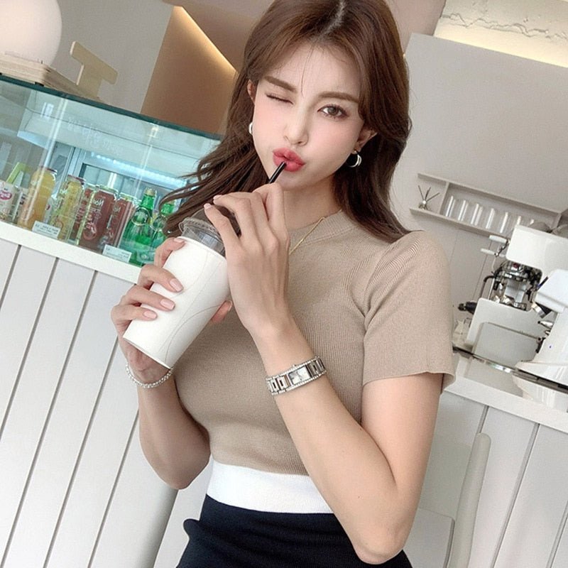 best LDYRWQY Women's new color matching dress slim slimming elastic short-sleeved knitted bag hip bottoming 0 shop online at M2K Trends for