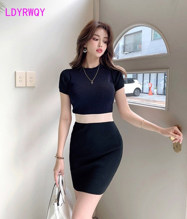 best LDYRWQY Women's new color matching dress slim slimming elastic short-sleeved knitted bag hip bottoming 0 shop online at M2K Trends for