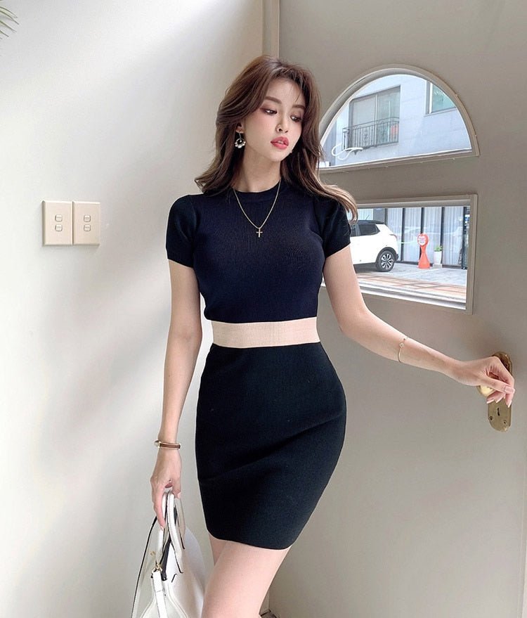 best LDYRWQY Women's new color matching dress slim slimming elastic short-sleeved knitted bag hip bottoming 0 shop online at M2K Trends for