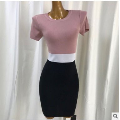 best LDYRWQY Women's new color matching dress slim slimming elastic short-sleeved knitted bag hip bottoming 0 shop online at M2K Trends for