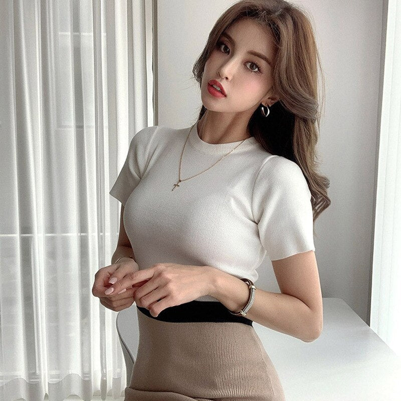 best LDYRWQY Women's new color matching dress slim slimming elastic short-sleeved knitted bag hip bottoming 0 shop online at M2K Trends for