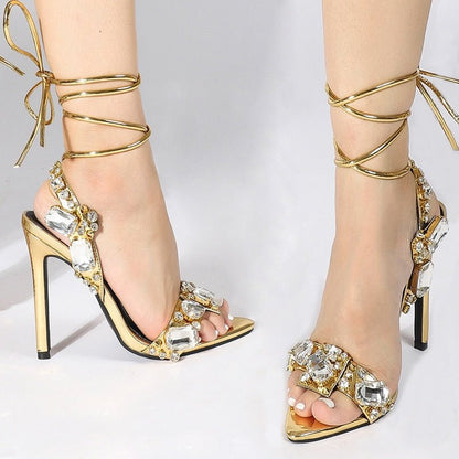 best Liyke Sexy Ankle Strap Golded Sandals Women Party Nightclub Stripper Heels High Quality Crystal Diamond Pointed Toe Wedding Shoe 0 shop online at M2K Trends for