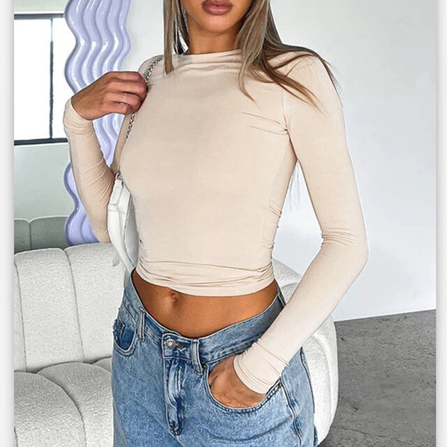 best Long Sleeve Y2K Slim Fit Shirt Women Casual Streetwear Basic Tee Fashion Cropped Tops O Neck Sexy Skinny Solid Ladies T Shirts 0 shop online at M2K Trends for