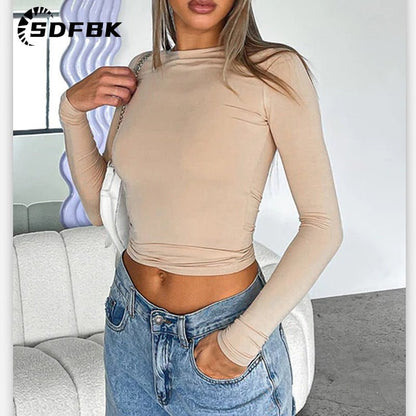 best Long Sleeve Y2K Slim Fit Shirt Women Casual Streetwear Basic Tee Fashion Cropped Tops O Neck Sexy Skinny Solid Ladies T Shirts 0 shop online at M2K Trends for