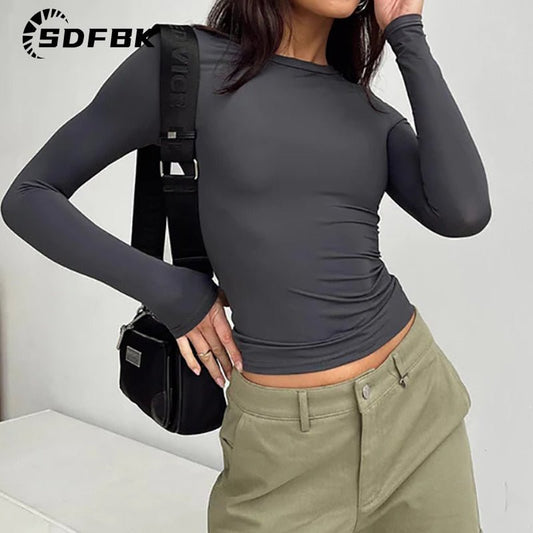 best Long Sleeve Y2K Slim Fit Shirt Women Casual Streetwear Basic Tee Fashion Cropped Tops O Neck Sexy Skinny Solid Ladies T Shirts 0 shop online at M2K Trends for