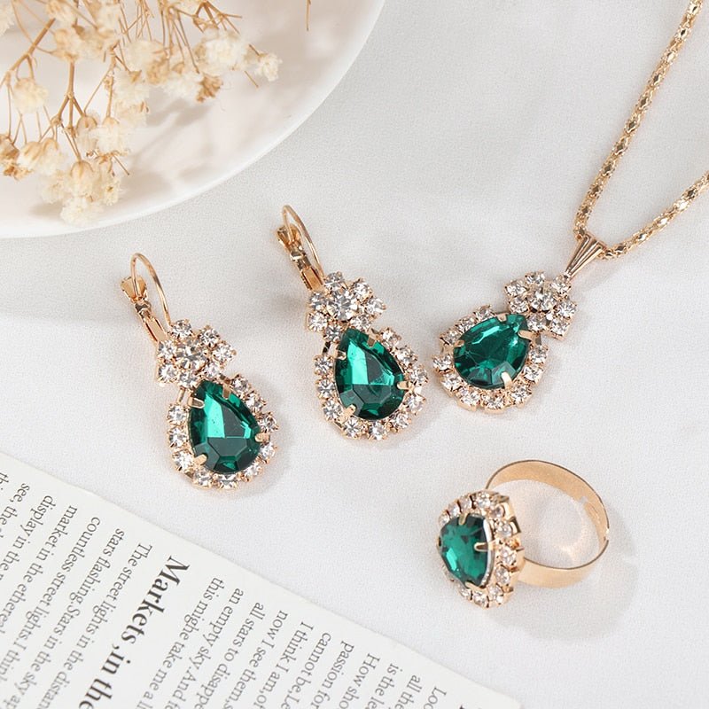 best Luxury Original 18k gold earrings Gold Plated Jewelry Sets Fashion Women Bridal Water Drop Green Stone Necklace Earrings Sets Accessories shop online at M2K Trends for