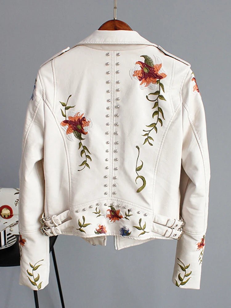 best Ly Varey Lin Floral Print Embroidery Faux Soft Leather Jacket Women Pu Motorcycle Coat Female Black Punk Zipper Rivet Outerwear shop online at M2K Trends for