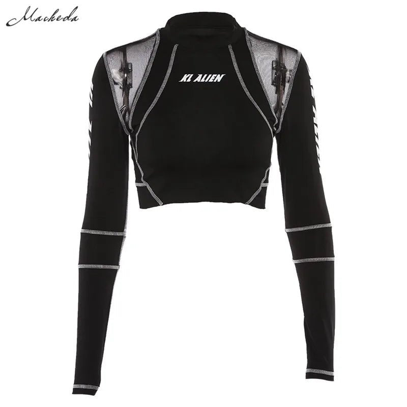 best Macheda Casual Letter Print Long Sleeve Crop Top Women Spring Autumn Black Tight O-neck Streetwear y2k Tops Sport Sweatshirt shop online at M2K Trends for