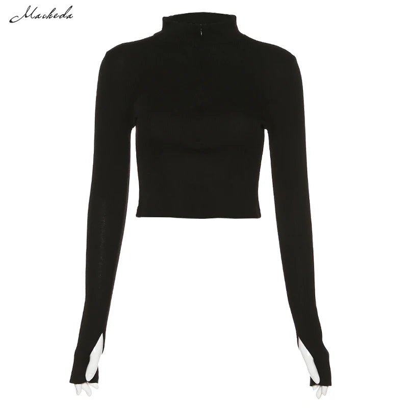 best Macheda Casual y2k Clothes Crop Top Long Sleeve Women Korean Fashion Ribbed Knitted Zipper T-shirts Vintage Streetwear Tops Tees shop online at M2K Trends for