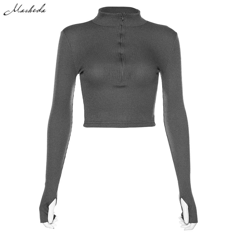 best Macheda Casual y2k Clothes Crop Top Long Sleeve Women Korean Fashion Ribbed Knitted Zipper T-shirts Vintage Streetwear Tops Tees shop online at M2K Trends for