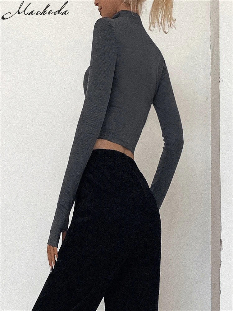 best Macheda Casual y2k Clothes Crop Top Long Sleeve Women Korean Fashion Ribbed Knitted Zipper T-shirts Vintage Streetwear Tops Tees shop online at M2K Trends for