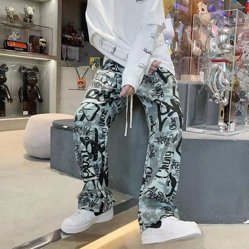 best Mens Y2K Streetwear USA Style Graffiti Cargo Pants Men Letter Print Casual Trousers Vintage Straight Long Pants Pantalon Hombre shop online at M2K Trends for