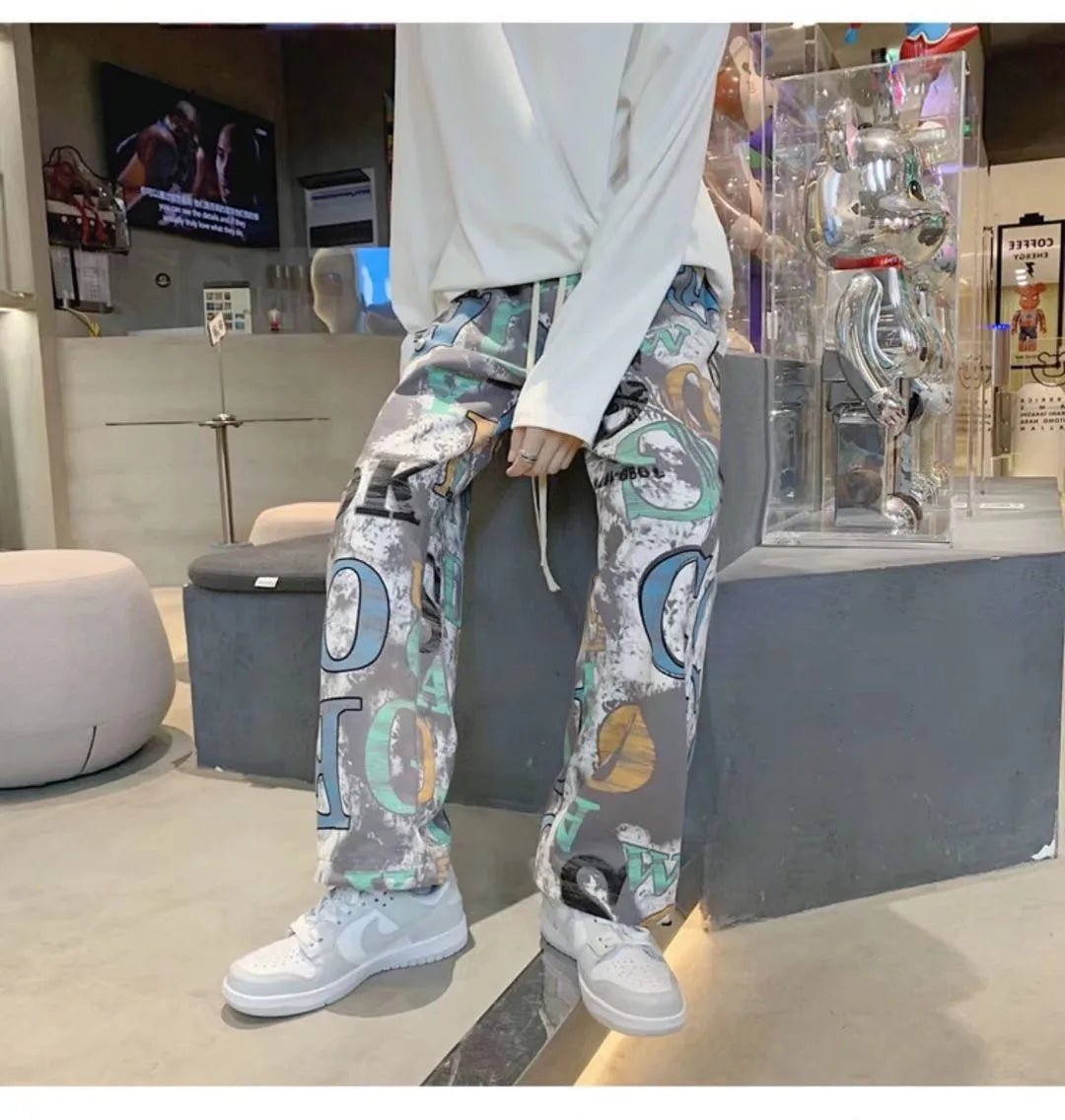 best Mens Y2K Streetwear USA Style Graffiti Cargo Pants Men Letter Print Casual Trousers Vintage Straight Long Pants Pantalon Hombre shop online at M2K Trends for