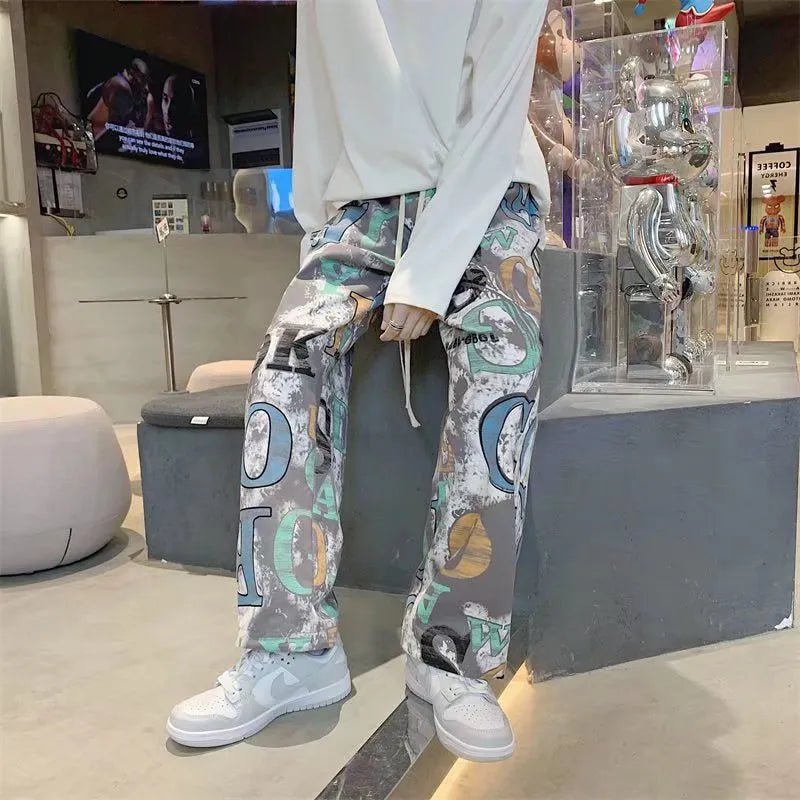 best Mens Y2K Streetwear USA Style Graffiti Cargo Pants Men Letter Print Casual Trousers Vintage Straight Long Pants Pantalon Hombre shop online at M2K Trends for