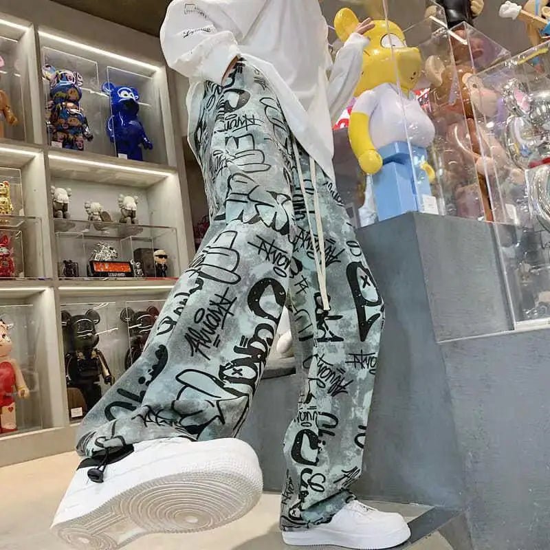 best Mens Y2K Streetwear USA Style Graffiti Cargo Pants Men Letter Print Casual Trousers Vintage Straight Long Pants Pantalon Hombre shop online at M2K Trends for