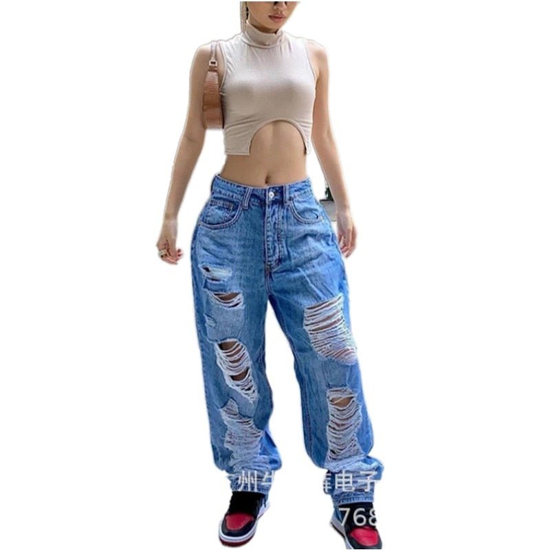 best Mid Waist Ripped Baggy Jeans Women Wide Leg Pants Mom Blue Trousers Loose Hole Vintage Streetwear Pantalones Spodnie Damskie 0 shop online at M2K Trends for