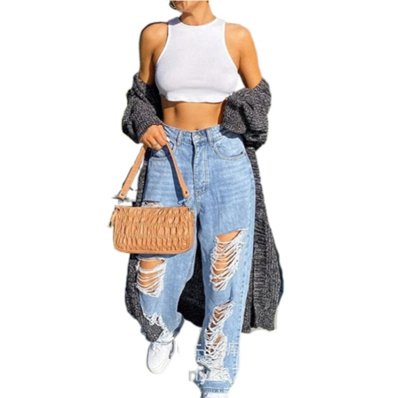 best Mid Waist Ripped Baggy Jeans Women Wide Leg Pants Mom Blue Trousers Loose Hole Vintage Streetwear Pantalones Spodnie Damskie 0 shop online at M2K Trends for