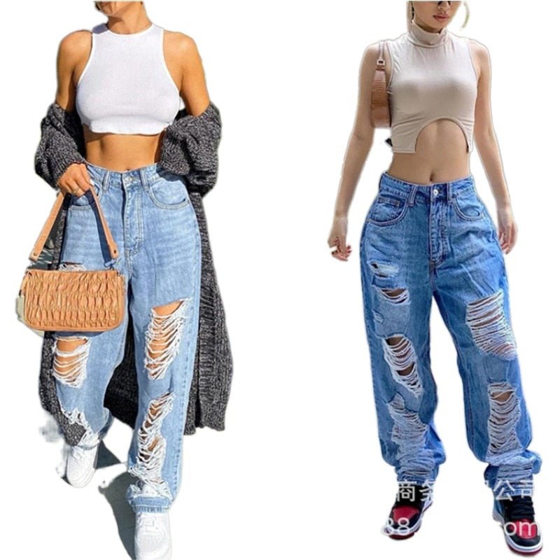 best Mid Waist Ripped Baggy Jeans Women Wide Leg Pants Mom Blue Trousers Loose Hole Vintage Streetwear Pantalones Spodnie Damskie 0 shop online at M2K Trends for