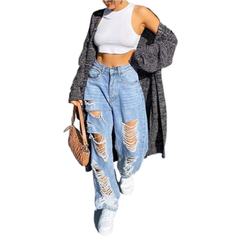 best Mid Waist Ripped Baggy Jeans Women Wide Leg Pants Mom Blue Trousers Loose Hole Vintage Streetwear Pantalones Spodnie Damskie 0 shop online at M2K Trends for