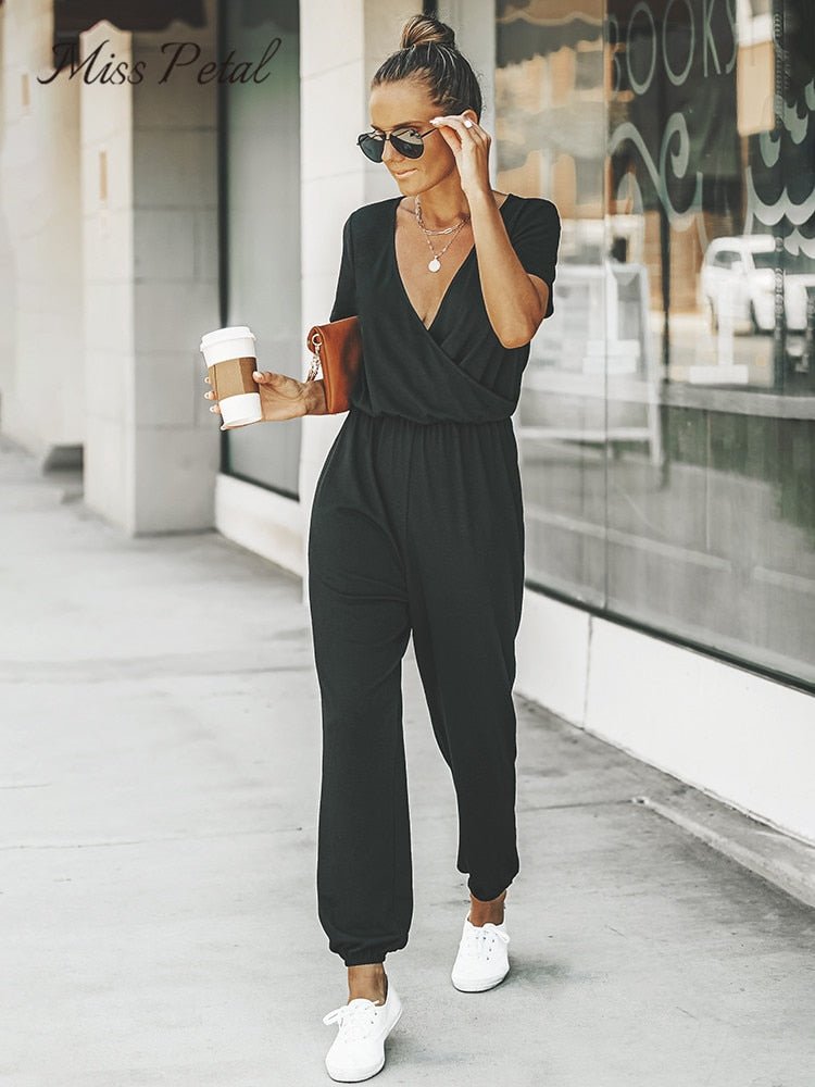 best MISS PETAL V-neck Short Sleeve Jumpsuit For Woman Casual Long Jogger Pants Playsuit 2023 Summer Overalls Bodysuits Rompers 0 shop online at M2K Trends for