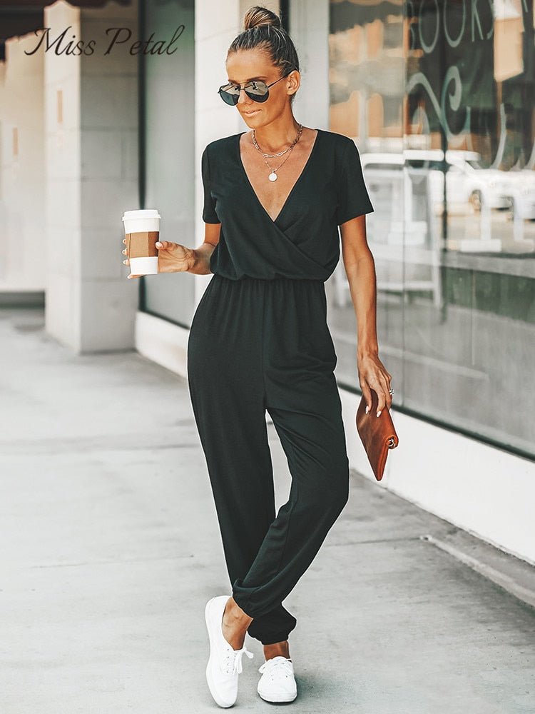 best MISS PETAL V-neck Short Sleeve Jumpsuit For Woman Casual Long Jogger Pants Playsuit 2023 Summer Overalls Bodysuits Rompers 0 shop online at M2K Trends for