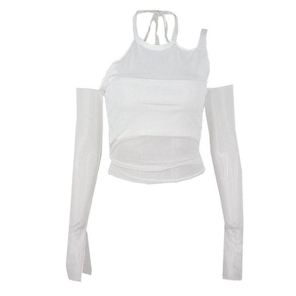 best NEONBABIPINK Sexy White Sheer Mesh Crop Top T-shirts Irregular Cutout Halter Neck Fake Two-piece Long Sleeve Tees N33-BD15 0 shop online at M2K Trends for