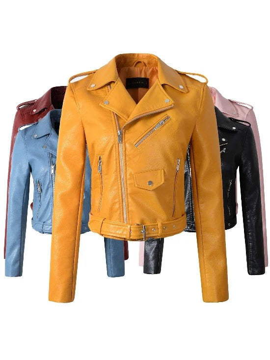 best New Arrival 2022 brand Winter Autumn Motorcycle leather jackets yellow leather jacket women leather coat slim PU jacket Leather shop online at M2K Trends for