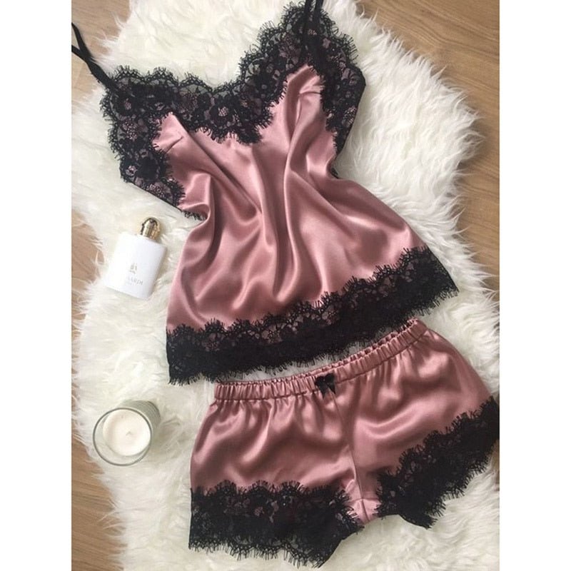 best New Arrivals Sexy Lace Satin Pajama Sets Women&#39;s Sleepwear Sleeveless Tops+Shorts Sets Pyjama Sets For Women Pijama Nightwear 0 shop online at M2K Trends for