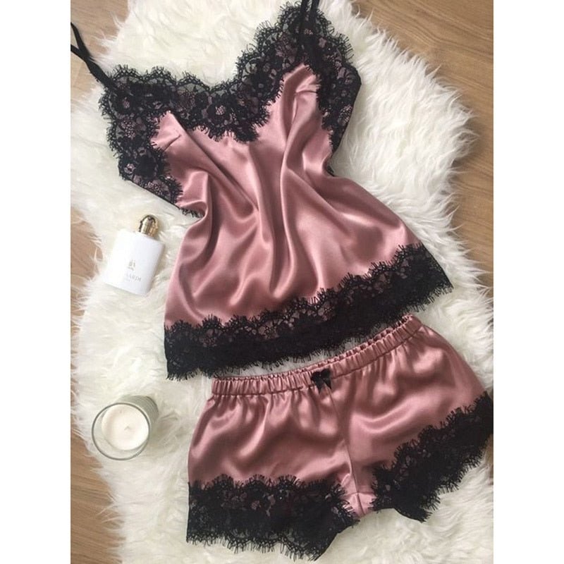 best New Arrivals Sexy Lace Satin Pajama Sets Women's Sleepwear Sleeveless Tops+Shorts Sets Pyjama Sets For Women Pijama Nightwear 0 shop online at M2K Trends for